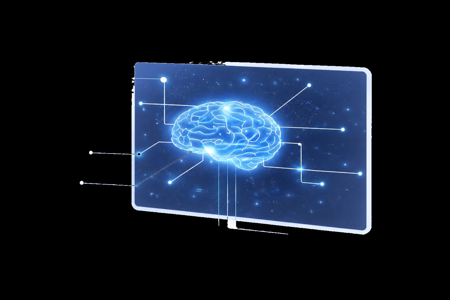 A translucent intelligence network connecting a central AI brain to floating business signals.